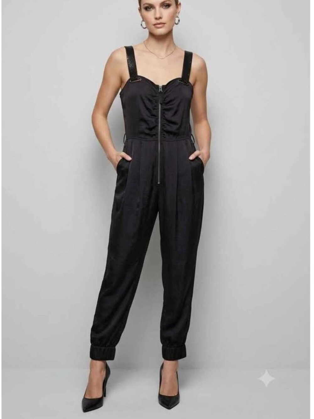 Armani Exchange Black Satin Zip Overalls Jumpsuit Glam Chic Luxury Sequin, 2
